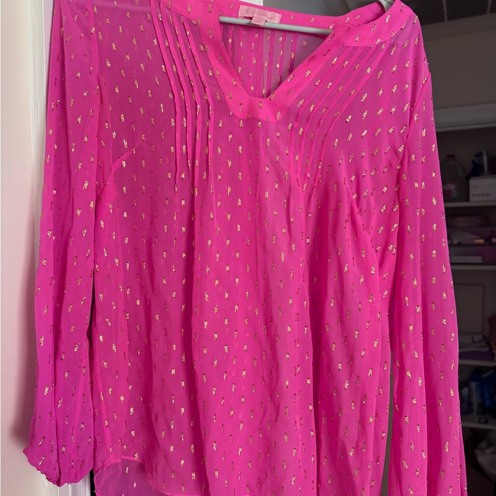 Lilly Pulitzer Vibrant Pink Blouse with Gold Details